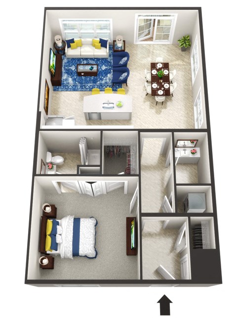 Floor plan for 1 bed, 1 bath, 841 sqft